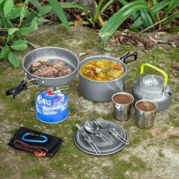 Odoland Camping Cookware Mess Kit, Lightweight Pot Pan Kettle with 2 Cups, Fork Spoon Kit Stainless ...