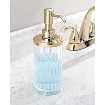 mDesign Fluted Plastic Refillable Liquid Soap Dispenser Pump Bottle for Bathroom Vanity Countertop, Kitchen Sink; Holds Hand Soap, Dish Soap, Essential Oil, Ivey Collection - 2 Pack - Clear/Soft Brass