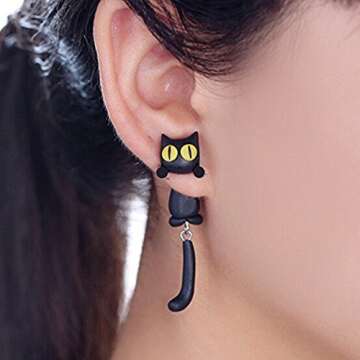 ZaH 925 Silver Cartoon Animal Earrings - Adorable Black Cat Design