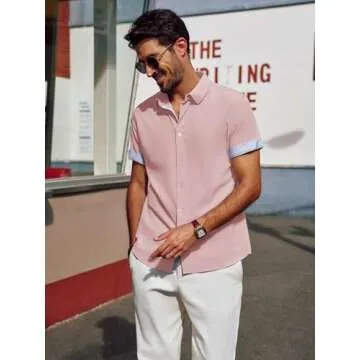 PJ PAUL JONES Mens Shirts Casual Stylish Short Sleeve Button Down Men Wrinkle Free Button Up Shirts for Men Untucked Pink