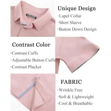 PJ PAUL JONES Mens Shirts Casual Stylish Short Sleeve Button Down Men Wrinkle Free Button Up Shirts for Men Untucked Pink