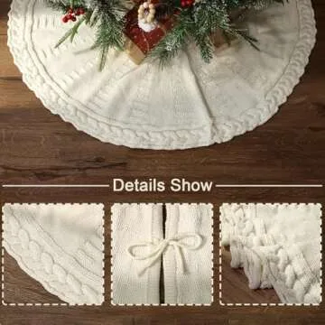 LimBridge Knitted Christmas Tree Skirt: 36 Inches Cream White Tree Skirt, Braided Cable Knit Thick R...