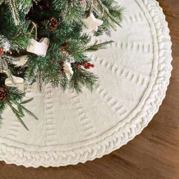 LimBridge Knitted Christmas Tree Skirt: 36 Inches Cream White Tree Skirt, Braided Cable Knit Thick Rustic Christmas Tree Decorations, Farmhouse Christmas Decor Xmas Holiday Home Party Decorations