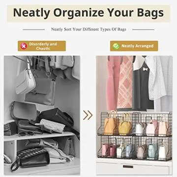 Sonyabecca Purse Storage Organizer for Closet:Adjustable 2-Pack Dividers Handbag Organizer,Stackable Wire Handbags Storage Baskets-For Open Closet Purse Organizer Handbag Chain Bag Clutch Bag-Black