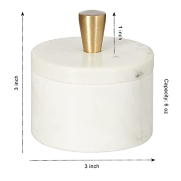 Queenza White Marble Salt Cellar with Lid and Brass Knob, 3 Inch Salt Box