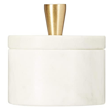 Queenza White Marble Salt Cellar with Lid and Brass Knob, 3 Inch Salt Box