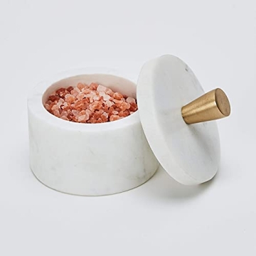 Queenza White Marble Salt Cellar with Lid and Brass Knob, 3 Inch Salt Box