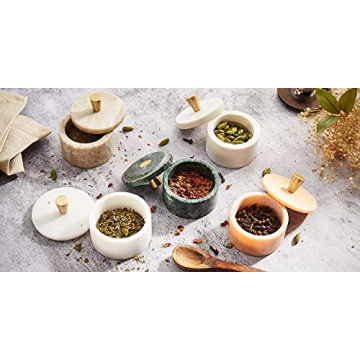 Queenza White Marble Salt Cellar with Lid and Brass Knob, 3 Inch Salt Box