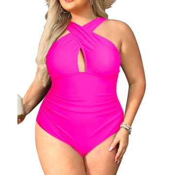 Daci Women Plus Size Swimsuits Tummy Control Hot Pink One Piece Bathing Suits Front Cross Keyhole Sw...