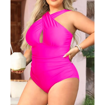 Daci Women Plus Size Swimsuits Tummy Control Hot Pink One Piece Bathing Suits Front Cross Keyhole Swimwear Hot Pink 18 Plus