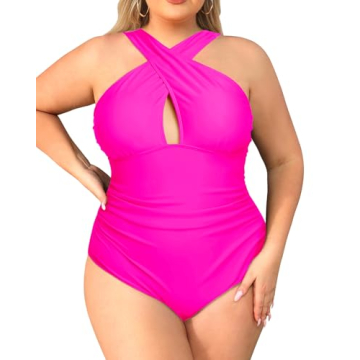 Daci Women Plus Size Swimsuits Tummy Control Hot Pink One Piece Bathing Suits Front Cross Keyhole Swimwear Hot Pink 18 Plus