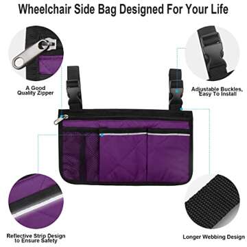 Versatile Wheelchair Side Bag with Cup Holder and Reflective Strip
