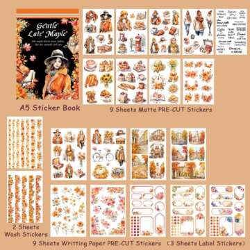 Dwpetzo Autumn Journal Sticker Book for Junk Journaling, 20 Sheets Pre-Cut PET & Paper Fall Stickers...