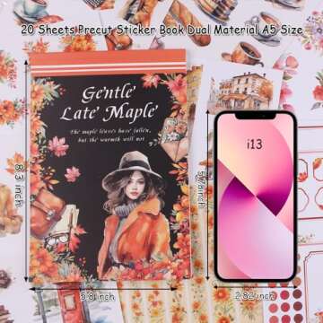 Dwpetzo Autumn Journal Sticker Book for Junk Journaling, 20 Sheets Pre-Cut PET & Paper Fall Stickers for Scrapbooking Supplies, Planners, Bujo, Collage Materials