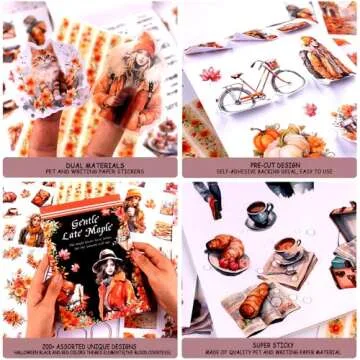 Dwpetzo Autumn Journal Sticker Book for Junk Journaling, 20 Sheets Pre-Cut PET & Paper Fall Stickers for Scrapbooking Supplies, Planners, Bujo, Collage Materials
