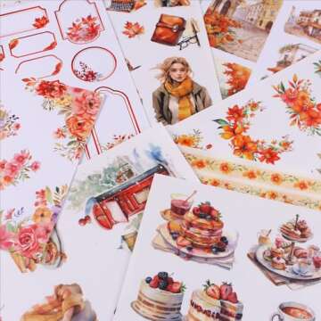 Dwpetzo Autumn Journal Sticker Book for Junk Journaling, 20 Sheets Pre-Cut PET & Paper Fall Stickers for Scrapbooking Supplies, Planners, Bujo, Collage Materials