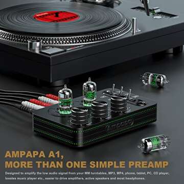 Ampapa A1 Vacuum Tube Phono Preamp, Headphone Amp, Hi-Fi Audiophile Preamplifier for MM Turntable Re...
