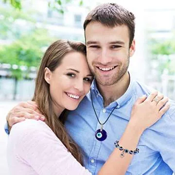 4 Pieces Evil Eye Bracelet and Necklace Set Third Eye Jewelry Blue Bead Hamsa Hand Stretch Bracelet and Glass Faux Leather Rope Chain Necklace for Women Men(Stylish Style)