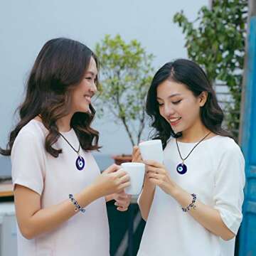 4 Pieces Evil Eye Bracelet and Necklace Set Third Eye Jewelry Blue Bead Hamsa Hand Stretch Bracelet and Glass Faux Leather Rope Chain Necklace for Women Men(Stylish Style)