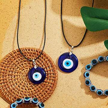 4 Pieces Evil Eye Bracelet and Necklace Set Third Eye Jewelry Blue Bead Hamsa Hand Stretch Bracelet and Glass Faux Leather Rope Chain Necklace for Women Men(Stylish Style)