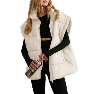 Dokotoo Women's Oversized Apricot Puffer Vest for Women 2025 Trendy Stand Collar Flysleeve Insulated...