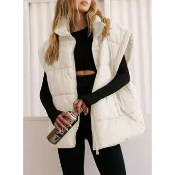 Dokotoo Women's Oversized Apricot Puffer Vest for Women 2025 Trendy Stand Collar Flysleeve Insulated Padded Winter Quilted Outerwear Jacket Coats with Pockets Small