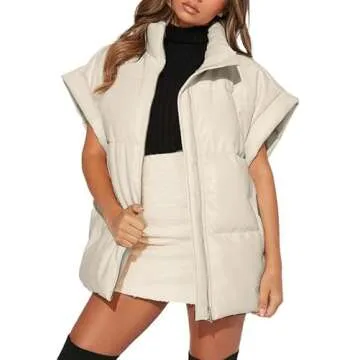 Dokotoo Women's Oversized Apricot Puffer Vest for Women 2025 Trendy Stand Collar Flysleeve Insulated Padded Winter Quilted Outerwear Jacket Coats with Pockets Small