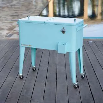 Permasteel 80-Qt Classic Outdoor Patio Cooler For Outside Outdoor Beverage Cooler Bar Cart, Rolling Cooler With Wheels & Handles, Retro Design, Turquoise