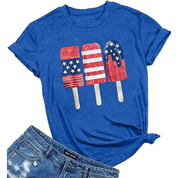 Woffccrd Womens American Flag Popsicle T-Shirts Tops 4th of July Patriotic Funny Graphic Tees (L,Blu...