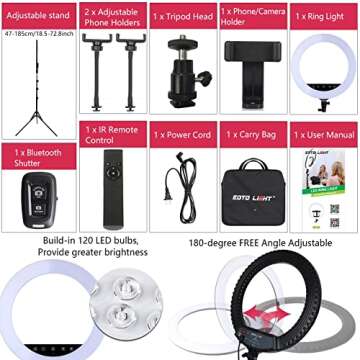 Upgraded 18 inch LED Ring Light with Tripod Stand, Selfie Ring Light with Touch Panel for Makeup Studio Portrait YouTube Vlog Video Shooting with Carrying Bag and Remote Controller, CRI>90