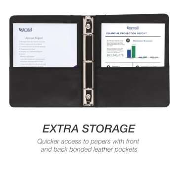 Samsill 1" Junior Size 3 Ring Binder, Leather, Black with Contrast Stitching, Holds 8.5 x 5.5 Paper, 3 Rings, Notebook Binder, Portfolio Organizer, Planner, Journal
