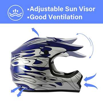 DOT Youth Kids Motocross Offroad Street Dirt Bike Helmet Youth Motorcycle ATV Helmet with Goggles Gloves Blue Flame S