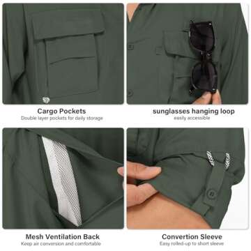 Anteef Mens Safari Shirts Long Sleeve UV Protection Hiking Fishing UPF 50+ Quick Dry Camping Travel Shirts