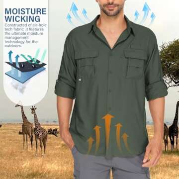 Anteef Mens Safari Shirts Long Sleeve UV Protection Hiking Fishing UPF 50+ Quick Dry Camping Travel Shirts