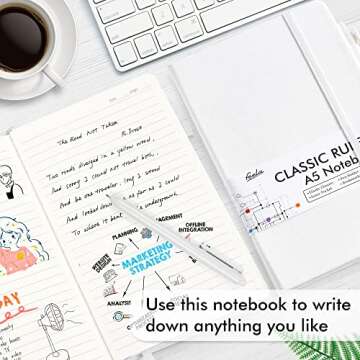 feela 5 Pack Notebooks Journals Bulk, Hardcover Notebook Classic Ruled Lined Journals with Pen Holder for Women Girls School Business Supplies, with 5 Black Pens, 120 GSM, 5.1”x8.3”, A5, White