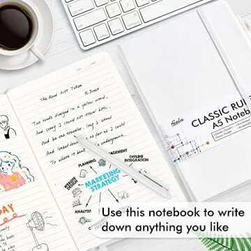 feela 5 Pack Notebooks Journals Bulk, Hardcover Notebook Classic Ruled Lined Journals with Pen Holder for Women Girls School Business Supplies, with 5 Black Pens, 120 GSM, 5.1”x8.3”, A5, White