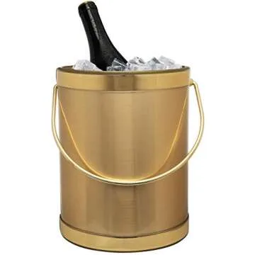 Mr. Ice Bucket By Stephanie Imports Hand Made In USA Brushed Gold Double Walled 5-Quart Insulated Ice Bucket With Ice Tongs (Metallic Deco Collection)