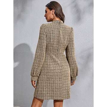 WDIRARA Women's Plaid Tweed Mock Neck Lantern Long Sleeve Dress Casual A Line Dresses Khaki S
