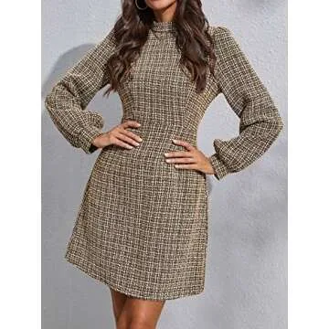 WDIRARA Women's Plaid Tweed Mock Neck Lantern Long Sleeve Dress Casual A Line Dresses Khaki S