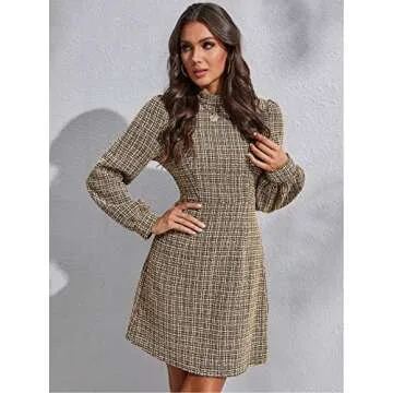 WDIRARA Women's Plaid Tweed Mock Neck Lantern Long Sleeve Dress Casual A Line Dresses Khaki S
