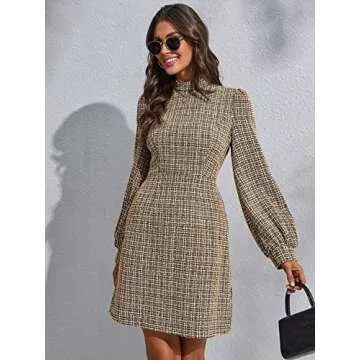 WDIRARA Women's Plaid Tweed Mock Neck Lantern Long Sleeve Dress Casual A Line Dresses Khaki S