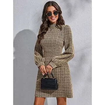 WDIRARA Women's Plaid Tweed Mock Neck Lantern Long Sleeve Dress Casual A Line Dresses Khaki S