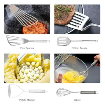 Abodpove Stainless Steel Cooking Utensils Set - 11pcs Kitchen Utensils Set with Holder for Cooking, Stainless Steel Utensils Set with Potato Masher, Skimmer, Spoons, Turners, Whisk, Tongs