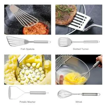 Abodpove Stainless Steel Cooking Utensils Set - 11pcs Kitchen Utensils Set with Holder for Cooking, Stainless Steel Utensils Set with Potato Masher, Skimmer, Spoons, Turners, Whisk, Tongs