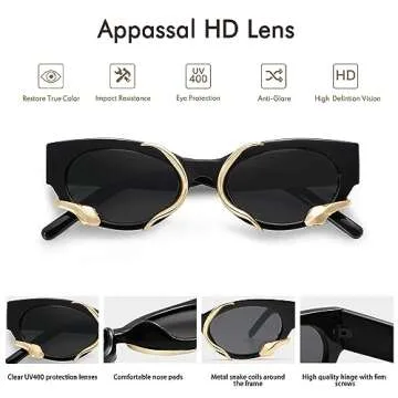 Appassal Trendy Snake Sunglasses for Women Men Vintage Cateye Y2k Sunnie AP3621,Black/Grey/Gold Snake