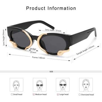 Appassal Trendy Snake Sunglasses for Women Men Vintage Cateye Y2k Sunnie AP3621,Black/Grey/Gold Snake