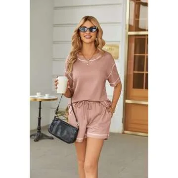 Ekouaer Pajamas for Women Set Waffle Knit Pajama Set 2 Piece Lounge Sets Loungewear PJS With Pockets