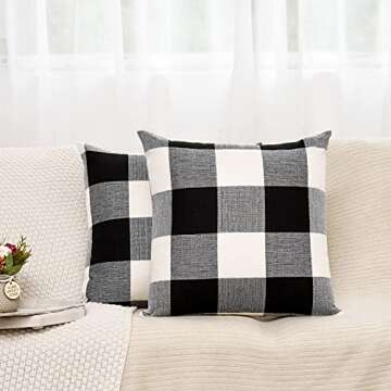 Tosewever Set of 2 Buffalo Check Plaid Pillow Covers Farmhouse Rustic Pillow Cases, Cotton Linen Throw Pillow Covers Cushion Case for Home Decor Car Bed Sofa Couch (18" x 18", 2 Pack Black & White)