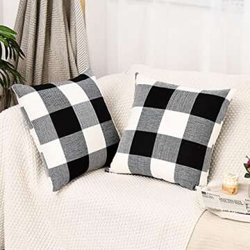 Tosewever Set of 2 Buffalo Check Plaid Pillow Covers Farmhouse Rustic Pillow Cases, Cotton Linen Throw Pillow Covers Cushion Case for Home Decor Car Bed Sofa Couch (18" x 18", 2 Pack Black & White)