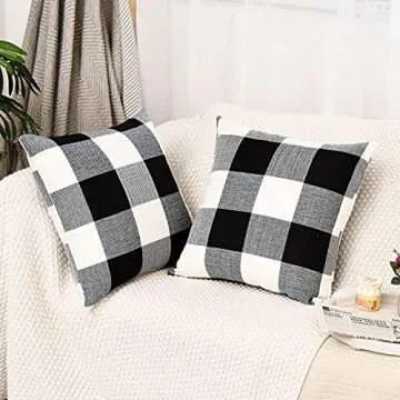 Tosewever Set of 2 Buffalo Check Plaid Pillow Covers Farmhouse Rustic Pillow Cases, Cotton Linen Throw Pillow Covers Cushion Case for Home Decor Car Bed Sofa Couch (18" x 18", 2 Pack Black & White)